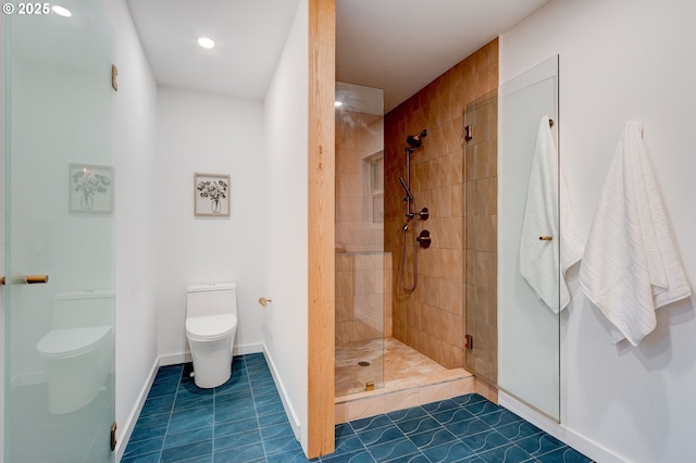 bathroom with an enclosed shower, toilet, and tile patterned floors