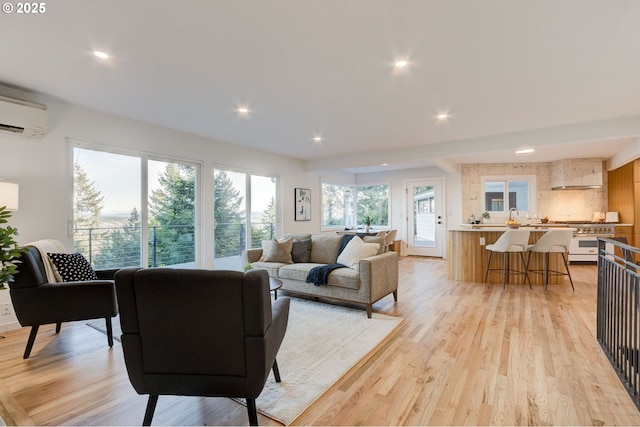 living room featuring light hardwood / wood-style floors and a wall unit AC