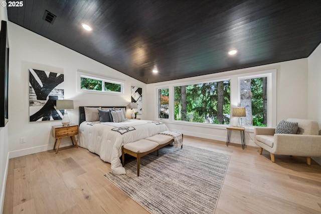 17253 SW Rivendell Dr, Portland, OR 97224 - bedroom featuring lofted ceiling, light wood-style flooring, wood ceiling, and recessed lighting
