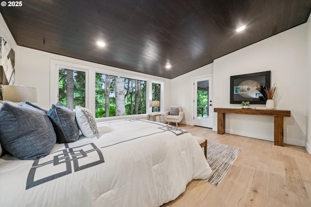 17253 SW Rivendell Dr, Portland, OR 97224 - bedroom featuring multiple windows, wood finished floors, access to outside, wood ceiling, and lofted ceiling