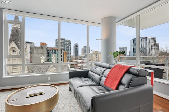 living room with a view of city, wood finished floors, and baseboards