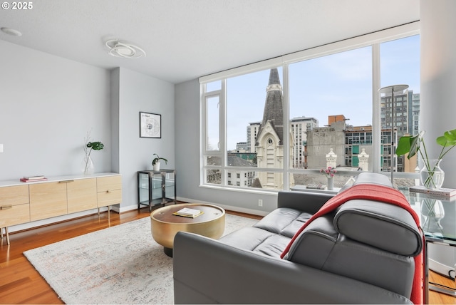 living room featuring a city view, plenty of natural light, baseboards, and wood finished floors