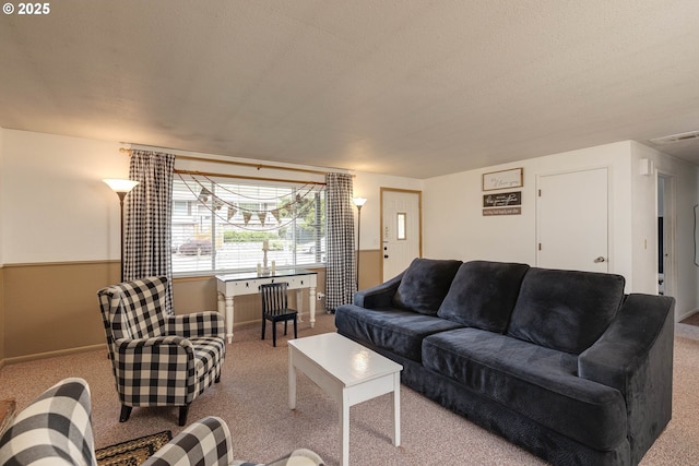 18430 SW Broad Oak Blvd, Beaverton, OR 97007 - living room featuring carpet, a textured ceiling, and baseboards