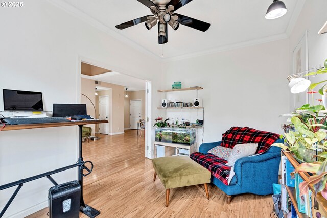 4320 S Corbett Ave Unit 302, Portland, OR 97239 - office with ceiling fan, crown molding, light wood-style flooring, and baseboards