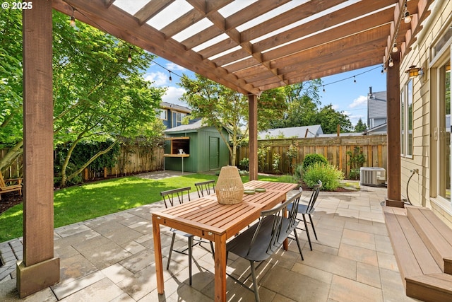 view of patio / terrace with outdoor dining space, a storage shed, a pergola, an outbuilding, and cooling unit