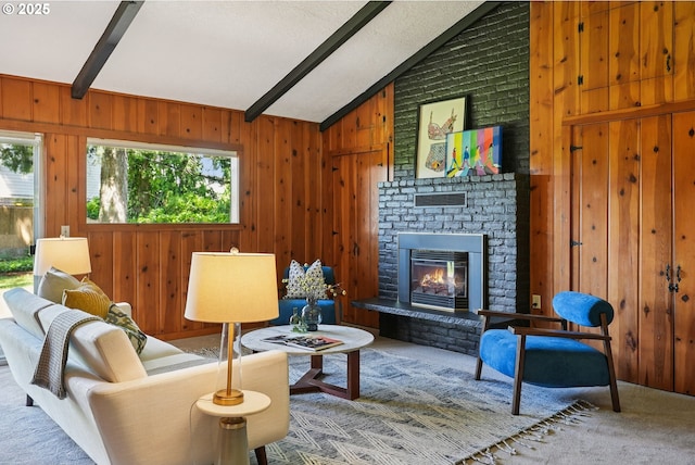 311 NE 130th Pl, Portland, OR 97230 - living area with plenty of natural light, carpet flooring, wood walls, and a fireplace