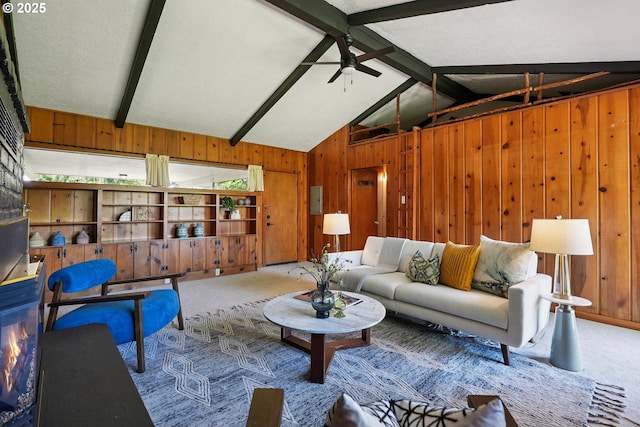 311 NE 130th Pl, Portland, OR 97230 - living room featuring carpet floors, wood walls, a ceiling fan, and electric panel