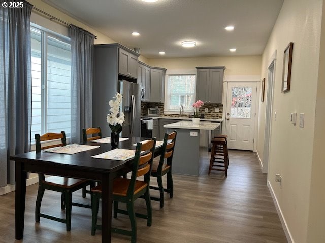 dining room featuring dark wood-type flooring and sink