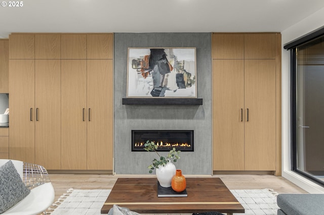 living room featuring a large fireplace and light hardwood / wood-style flooring