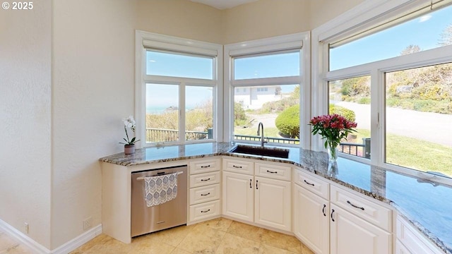 96424 Shorewood Ter, Brookings, OR 97415 - kitchen with stone counters, stainless steel dishwasher, white cabinetry, and a sink