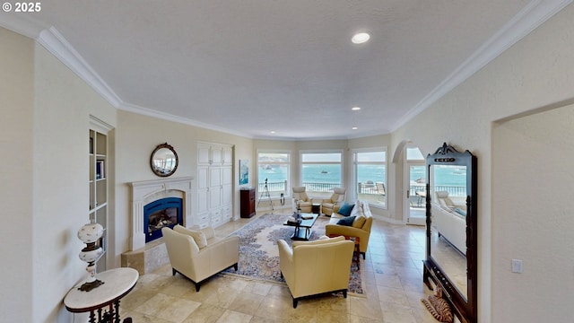 96424 Shorewood Ter, Brookings, OR 97415 - living area with a fireplace, ornamental molding, and recessed lighting
