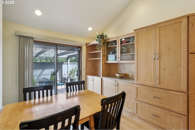 12604 NE Prescott Dr, Portland, OR 97230 - dining room with lofted ceiling, light wood-type flooring, and recessed lighting