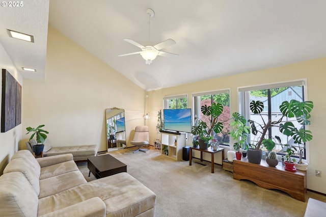 12604 NE Prescott Dr, Portland, OR 97230 - carpeted living room featuring ceiling fan and high vaulted ceiling