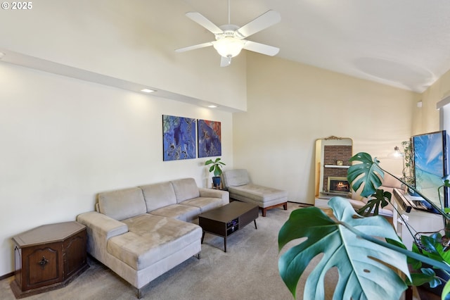 12604 NE Prescott Dr, Portland, OR 97230 - living room with carpet flooring, ceiling fan, high vaulted ceiling, and a fireplace