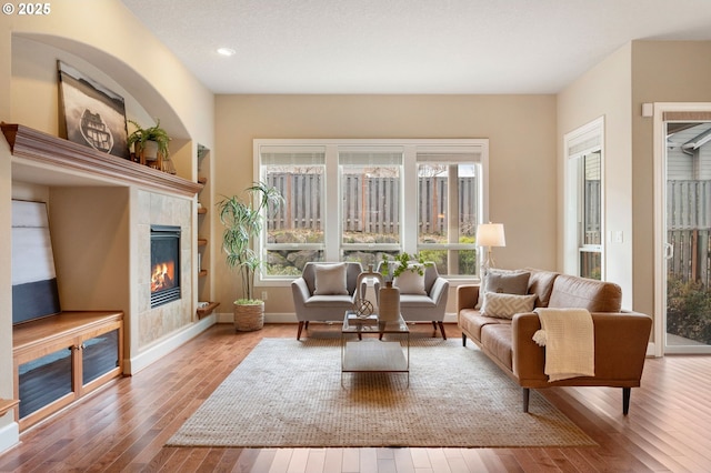 living room featuring light hardwood / wood-style flooring, a fireplace, and a wealth of natural light