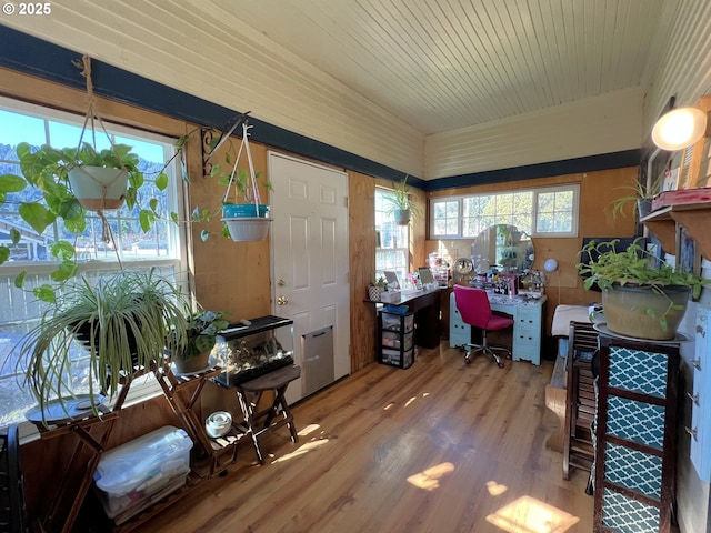 office with wooden ceiling and wood finished floors