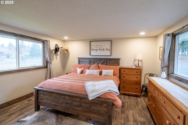 bedroom featuring multiple windows and dark hardwood / wood-style floors