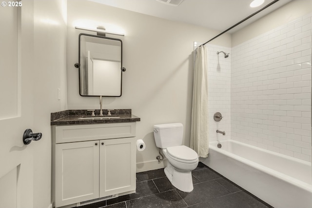 full bath featuring toilet, tile patterned floors, shower / tub combo with curtain, and vanity