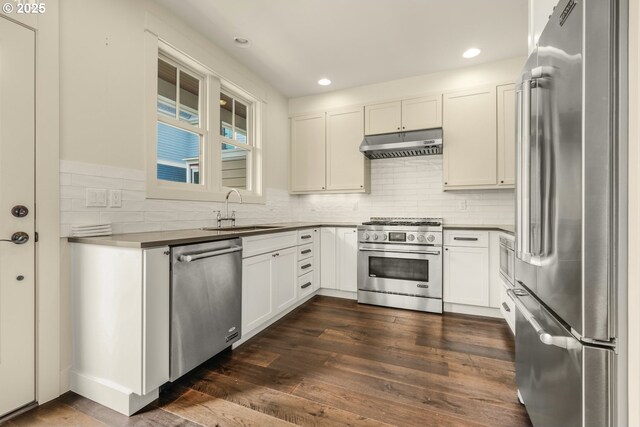 kitchen with high quality appliances, under cabinet range hood, a sink, dark wood finished floors, and backsplash