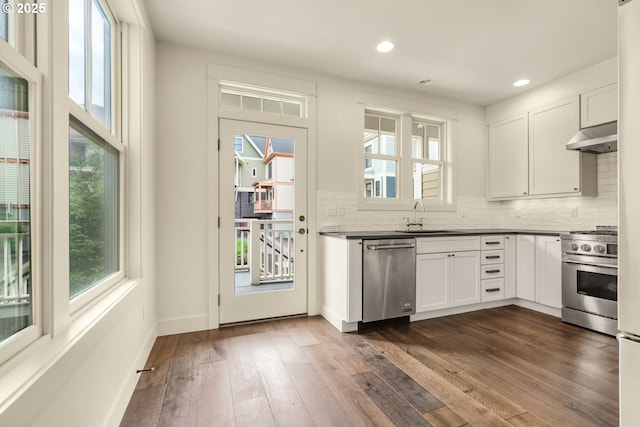 kitchen with stainless steel appliances, a sink, dark countertops, dark wood-type flooring, and decorative backsplash