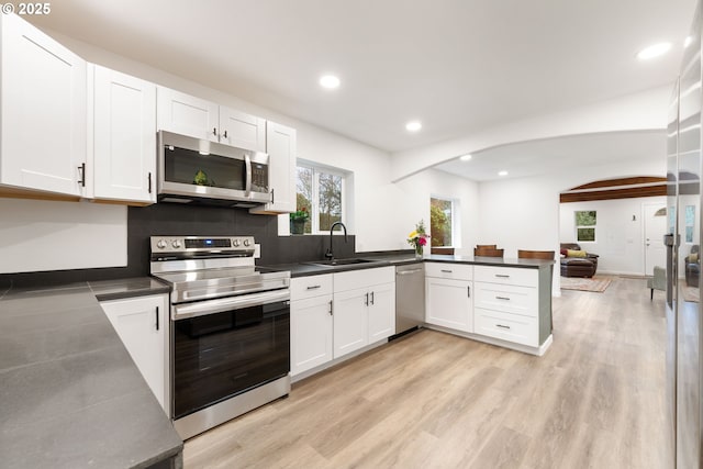 kitchen with stainless steel appliances, kitchen peninsula, sink, and white cabinets