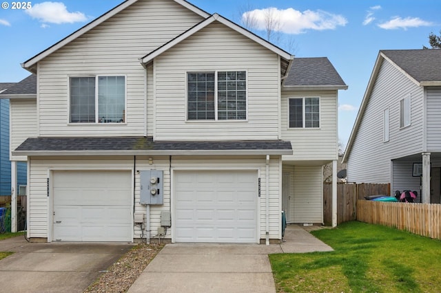 view of front of home featuring fence, driveway, an attached garage, a shingled roof, and a front lawn