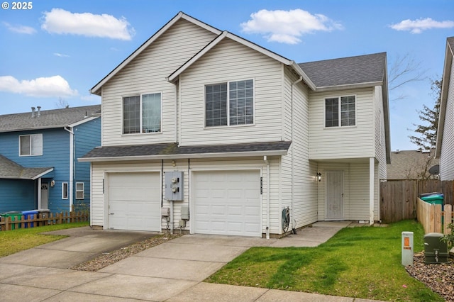 view of front of home featuring fence, concrete driveway, a front yard, a shingled roof, and a garage