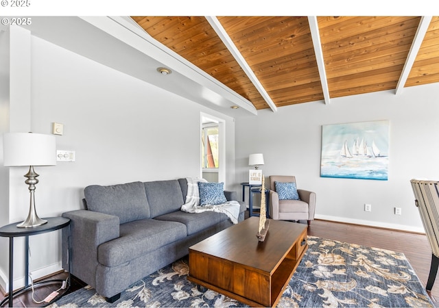 7720 SW Macadam Ave Unit 9, Portland, OR 97219 - living area featuring wood ceiling with exposed beams, wood finished floors, and baseboards