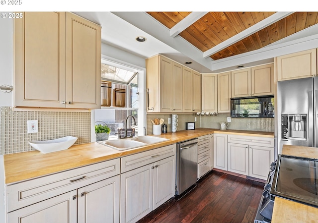 7720 SW Macadam Ave Unit 9, Portland, OR 97219 - kitchen featuring black appliances, a sink, wooden ceiling with exposed beams, dark wood-type flooring, and backsplash
