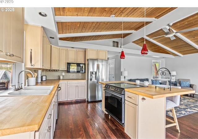 7720 SW Macadam Ave Unit 9, Portland, OR 97219 - kitchen featuring wooden counters, black appliances, a sink, open floor plan, and wood ceiling
