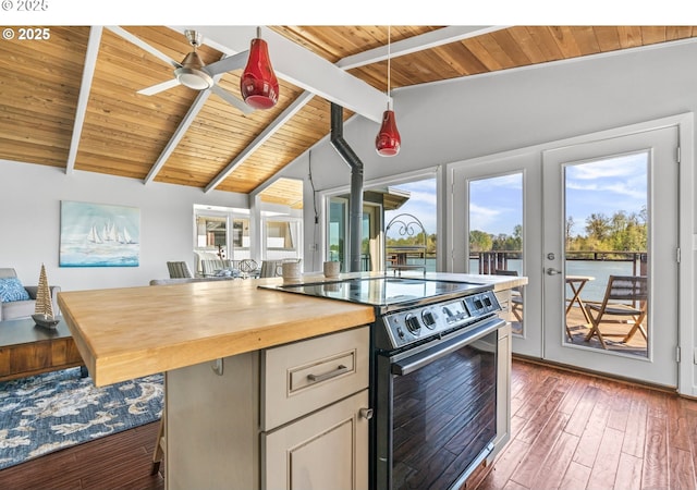 7720 SW Macadam Ave Unit 9, Portland, OR 97219 - kitchen featuring electric stove, wooden ceiling, butcher block counters, ceiling fan, and french doors