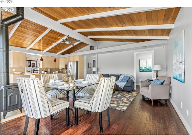 7720 SW Macadam Ave Unit 9, Portland, OR 97219 - dining space featuring baseboards, wood ceiling, hardwood / wood-style flooring, a ceiling fan, and a wood stove