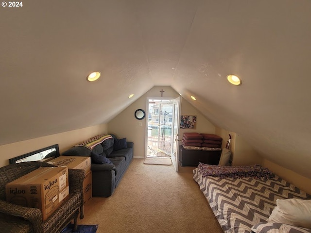 18699 NE Marine Dr Unit C-7, Gresham, OR 97230 - bedroom with light carpet, access to exterior, lofted ceiling, and recessed lighting