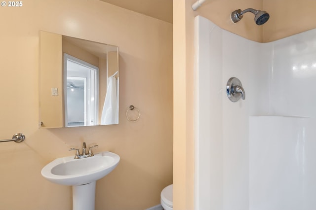 bathroom with toilet, sink, and a shower