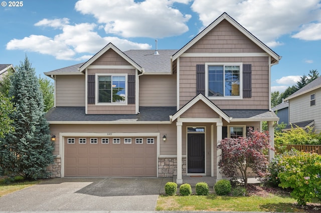 645 SW 171st Ave, Beaverton, OR 97006 - craftsman house with a garage, driveway, a shingled roof, and stone siding