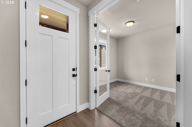 interior space featuring carpet floors, baseboards, and wood finished floors