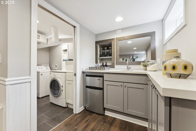 washroom with recessed lighting and dark wood finished floors