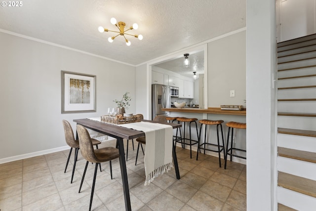 dining space with stairs, a chandelier, crown molding, a textured ceiling, and baseboards