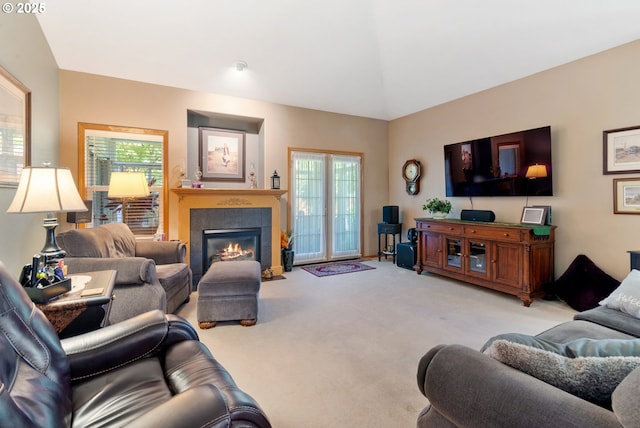 1506 E Heritage Loop, La Center, WA 98629 - living room with carpet flooring, a fireplace, and vaulted ceiling