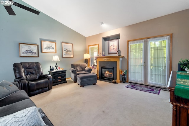 1506 E Heritage Loop, La Center, WA 98629 - living area with a ceiling fan, lofted ceiling, carpet floors, and a fireplace