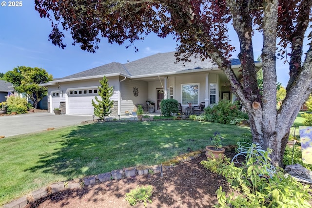 1506 E Heritage Loop, La Center, WA 98629 - view of front of property with a garage, driveway, a front yard, a shingled roof, and a porch