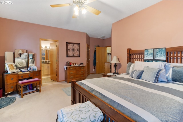 1506 E Heritage Loop, La Center, WA 98629 - bedroom with light colored carpet, ensuite bath, and ceiling fan
