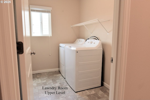 laundry area with washing machine and clothes dryer, laundry area, and baseboards