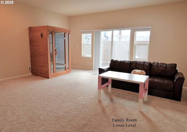 living room with carpet flooring and baseboards