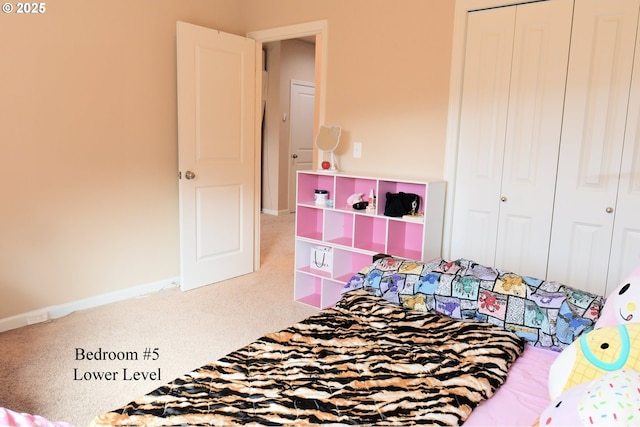 bedroom featuring carpet flooring, baseboards, and a closet