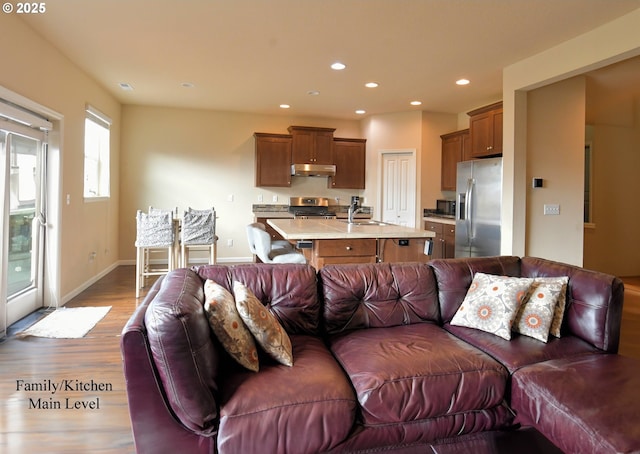 living room with recessed lighting, baseboards, and wood finished floors