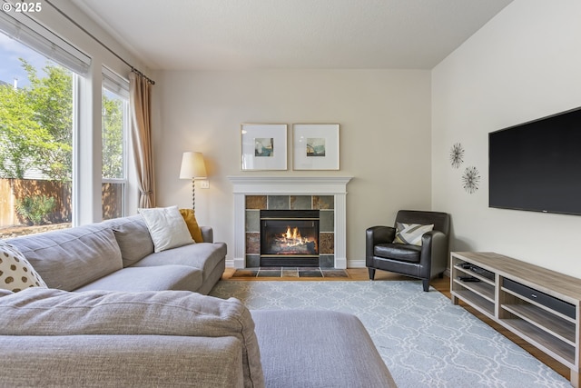 living room featuring a tile fireplace and wood finished floors
