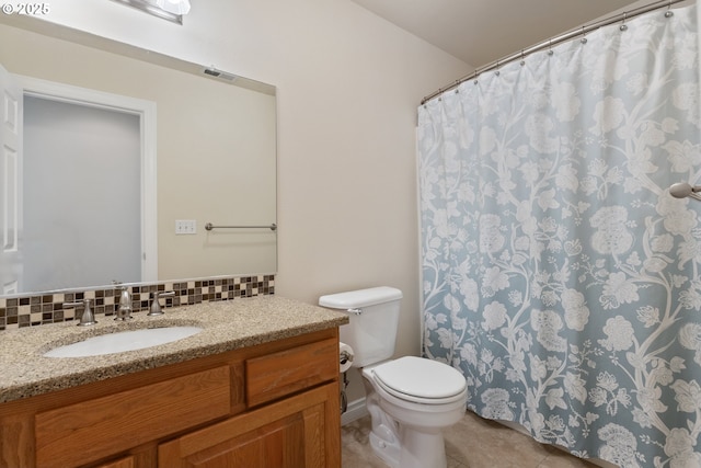 bathroom featuring tile patterned flooring, toilet, vanity, backsplash, and a shower with curtain