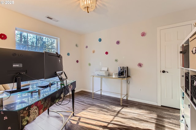 home office with hardwood / wood-style floors