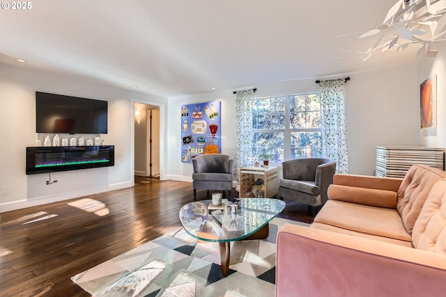 living room with dark wood-type flooring